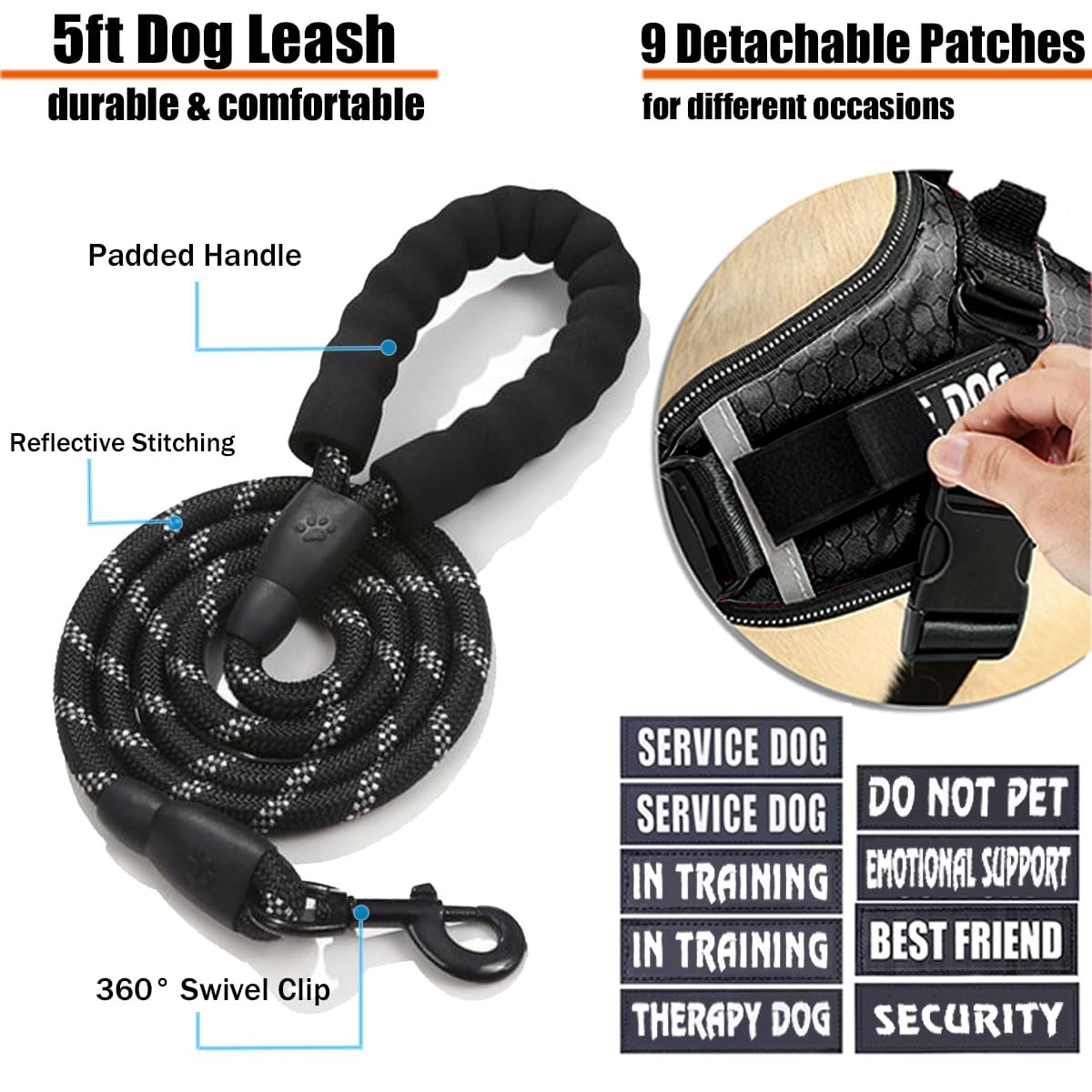 Bcadem Service Dog Vest, 9 Dog Patches No Pull Dog Harness And Leash Set With Handle,Easy On And Off Pet Vest Harness With Night